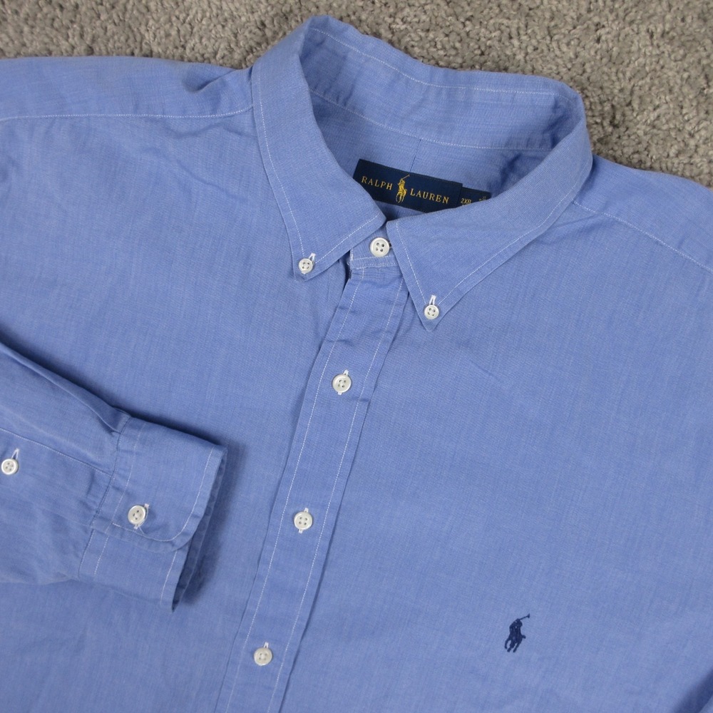 Polo Ralph Lauren Shirt Mens 2XB Blue Solid Pony Logo Office Casual Button Up